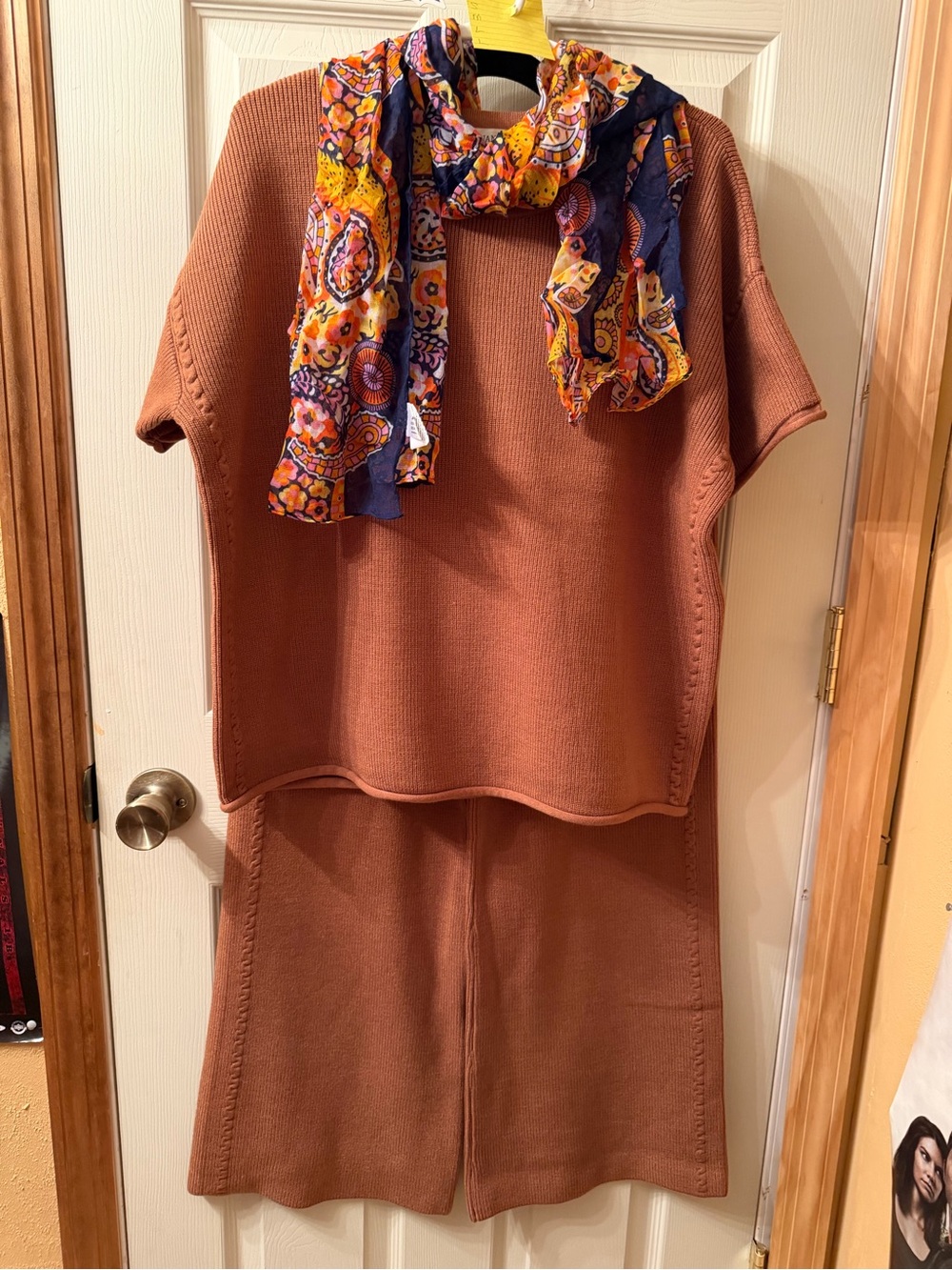 Zenana Outfitters Rust Wide-Leg Knit Pants Set with Patterned Scarf